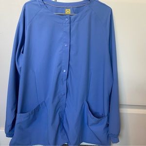 Wonderwink Womens Size 1X Ciel blue Scrub Jacket Crew Neck True Plus Fit Snap Up